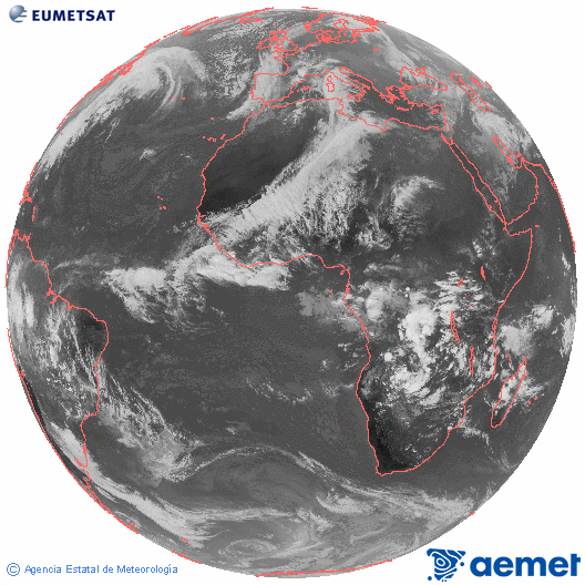 Imagen global del canal infrarrojo (10.8 &mu;m) del sat�lite Meteosat, perteneciente a la serie MSG (Meteosat Segunda Generaci�n) y situado en 0�N 0�E.&nbsp;lundi, 15 d�cembre  2025 16:00