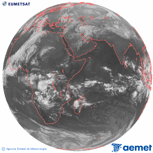 Oc�ano �ndico. Imaxe global da canle infravermella (10.8&mu;m) de Meteosat, pertencente � serie MSX (Meteosat Segunda Xeraci�n) e situado en 41.5°E.&nbsp;luns, 15 decembro  2025 19:00