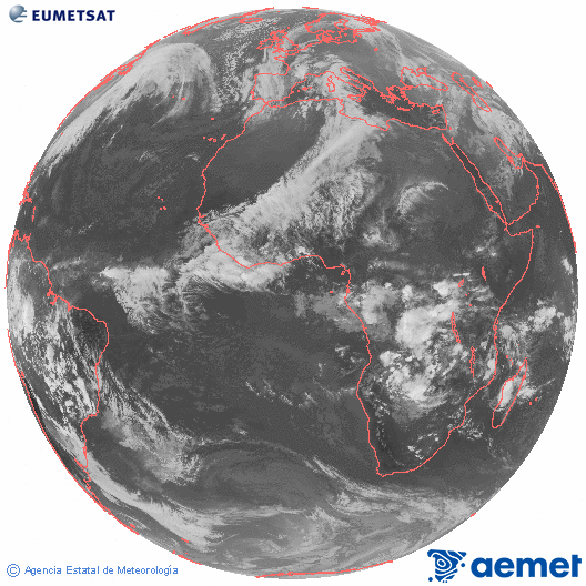 Imagen global del canal infrarrojo (10.8 &mu;m) del sat�lite Meteosat, perteneciente a la serie MSG (Meteosat Segunda Generaci�n) y situado en 0�N 0�E.&nbsp;lundi, 15 d�cembre  2025 19:00