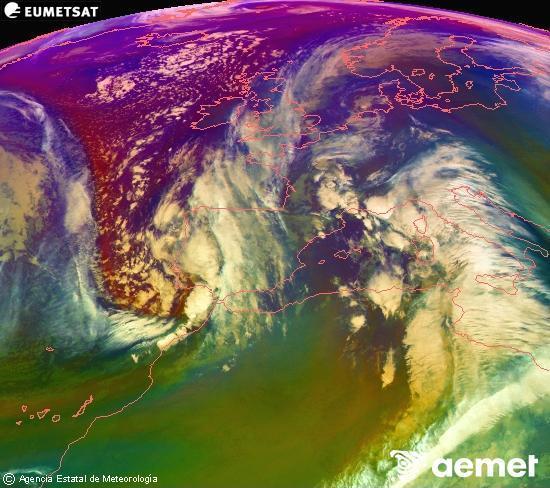 RGB composition where several channels of satellite Meteosat operational in 0� N 0� W are mixed, providing air mass and cloudiness features.&nbsp;Monday, 15 December  2025 23:00