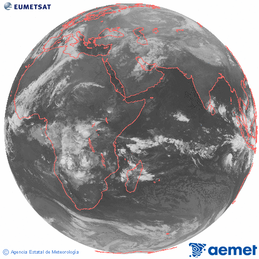 Oc�ano �ndico. Imaxe global da canle infravermella (10.8&mu;m) de Meteosat, pertencente � serie MSX (Meteosat Segunda Xeraci�n) e situado en 41.5°E.&nbsp;martes, 16 decembro  2025 01:00