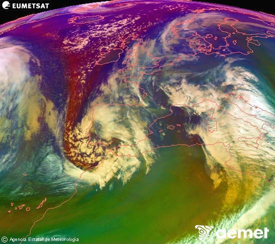 RGB composition where several channels of satellite Meteosat operational in 0� N 0� W are mixed, providing air mass and cloudiness features.&nbsp;Tuesday, 16 December  2025 05:00