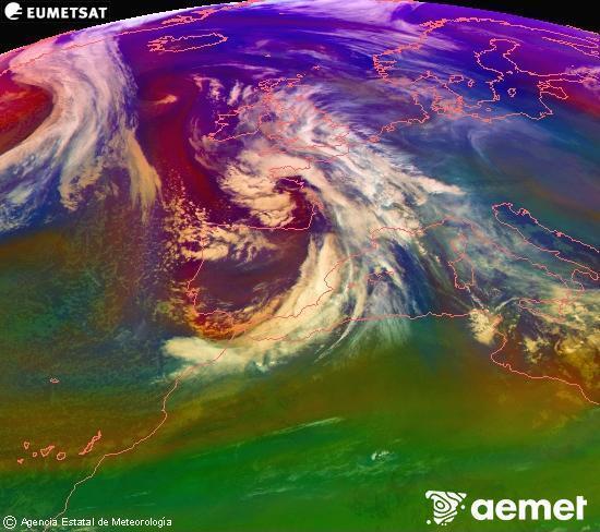 Composici� RGB en la qual es barregen diversos canals del sat�l�lit Meteosat operacional en 0�N 0�W, que ens d�na una idea de les caracter�stiques de les masses d'aire i de la nuvolositat.&nbsp;diumenge, 21 de desembre  2025 22:00