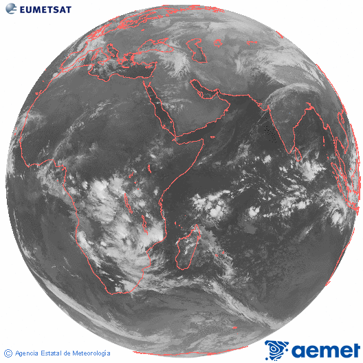Oc�ano �ndico. Imagen global del canal infrarrojo (10.8&mu;m) de Meteosat, perteneciente a la serie MSG (Meteosat Segunda Generaci�n) y situado en 41.5° E.&nbsp;Sunday, 21 December  2025 22:00
