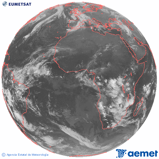 Imagen global del canal infrarrojo (10.8 &mu;m) del sat�lite Meteosat, perteneciente a la serie MSG (Meteosat Segunda Generaci�n) y situado en 0�N 0�E.&nbsp;Sunday, 21 December  2025 22:00