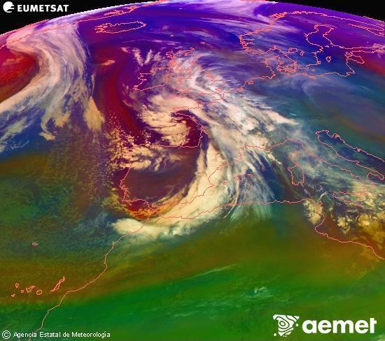 Composici� RGB en la qual es barregen diversos canals del sat�l�lit Meteosat operacional en 0�N 0�W, que ens d�na una idea de les caracter�stiques de les masses d'aire i de la nuvolositat.&nbsp;diumenge, 21 de desembre  2025 23:00
