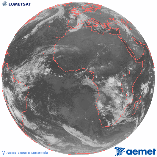 Imagen global del canal infrarrojo (10.8 &mu;m) del sat�lite Meteosat, perteneciente a la serie MSG (Meteosat Segunda Generaci�n) y situado en 0�N 0�E.&nbsp;Monday, 22 December  2025 01:00