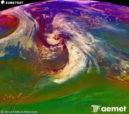 Composici� RGB en la qual es barregen diversos canals del sat�l�lit Meteosat operacional en 0�N 0�W, que ens d�na una idea de les caracter�stiques de les masses d'aire i de la nuvolositat.&nbsp;dilluns, 22 de desembre  2025 03:00