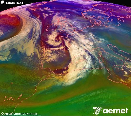 Composici� RGB en la qual es barregen diversos canals del sat�l�lit Meteosat operacional en 0�N 0�W, que ens d�na una idea de les caracter�stiques de les masses d'aire i de la nuvolositat.&nbsp;dilluns, 22 de desembre  2025 05:00