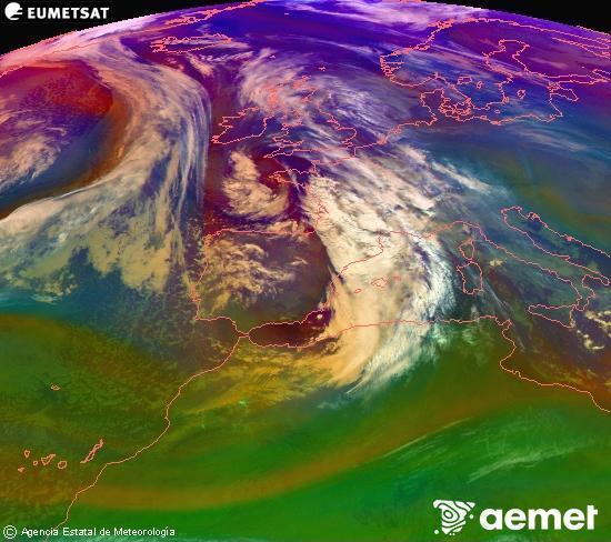 Composici� RGB en la qual es barregen diversos canals del sat�l�lit Meteosat operacional en 0�N 0�W, que ens d�na una idea de les caracter�stiques de les masses d'aire i de la nuvolositat.&nbsp;dilluns, 22 de desembre  2025 08:00