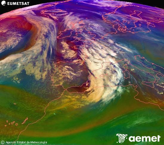 Composici� RGB en la qual es barregen diversos canals del sat�l�lit Meteosat operacional en 0�N 0�W, que ens d�na una idea de les caracter�stiques de les masses d'aire i de la nuvolositat.&nbsp;dilluns, 22 de desembre  2025 09:00