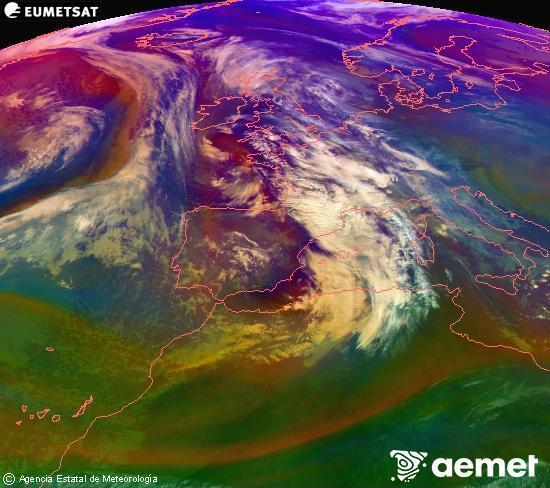 Composici� RGB en la qual es barregen diversos canals del sat�l�lit Meteosat operacional en 0�N 0�W, que ens d�na una idea de les caracter�stiques de les masses d'aire i de la nuvolositat.&nbsp;dilluns, 22 de desembre  2025 11:00