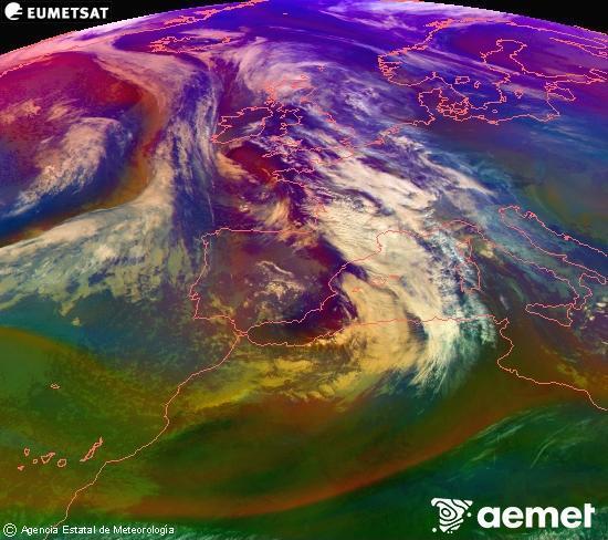 Composici� RGB en la qual es barregen diversos canals del sat�l�lit Meteosat operacional en 0�N 0�W, que ens d�na una idea de les caracter�stiques de les masses d'aire i de la nuvolositat.&nbsp;dilluns, 22 de desembre  2025 12:00