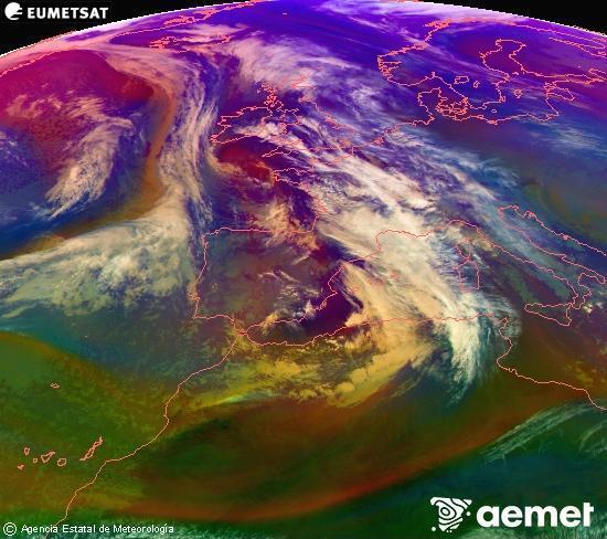 Composici� RGB en la qual es barregen diversos canals del sat�l�lit Meteosat operacional en 0�N 0�W, que ens d�na una idea de les caracter�stiques de les masses d'aire i de la nuvolositat.&nbsp;dilluns, 22 de desembre  2025 14:00