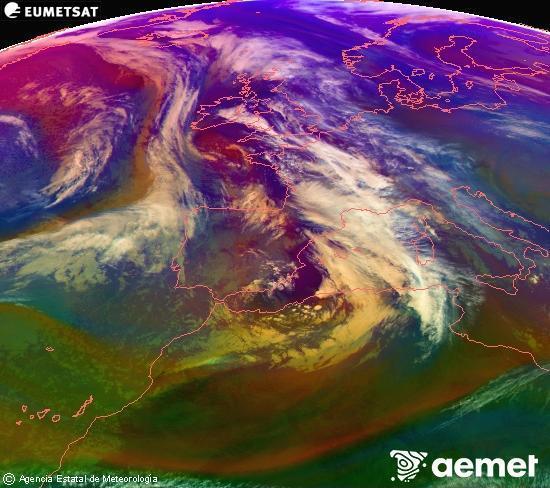 Composici� RGB en la qual es barregen diversos canals del sat�l�lit Meteosat operacional en 0�N 0�W, que ens d�na una idea de les caracter�stiques de les masses d'aire i de la nuvolositat.&nbsp;dilluns, 22 de desembre  2025 15:00