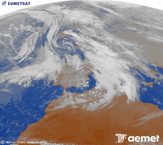 Imagen de la zona de Europa y Norte de �frica del canal infrarrojo del sat�lite Meteosat operacional en 0�N 0�W, procesada para darle color.&nbsp;dilluns, 22 de desembre  2025 16:00