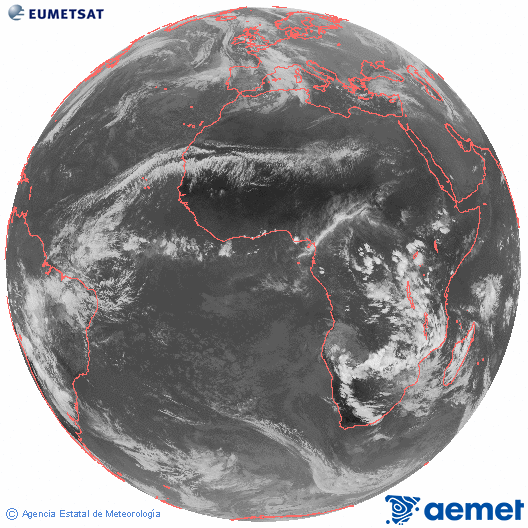 Imagen global del canal infrarrojo (10.8 &mu;m) del sat�lite Meteosat, perteneciente a la serie MSG (Meteosat Segunda Generaci�n) y situado en 0�N 0�E.&nbsp;Monday, 22 December  2025 16:00