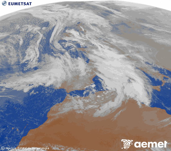 Imagen de la zona de Europa y Norte de �frica del canal infrarrojo del sat�lite Meteosat operacional en 0�N 0�W, procesada para darle color.&nbsp;dilluns, 22 de desembre  2025 18:00