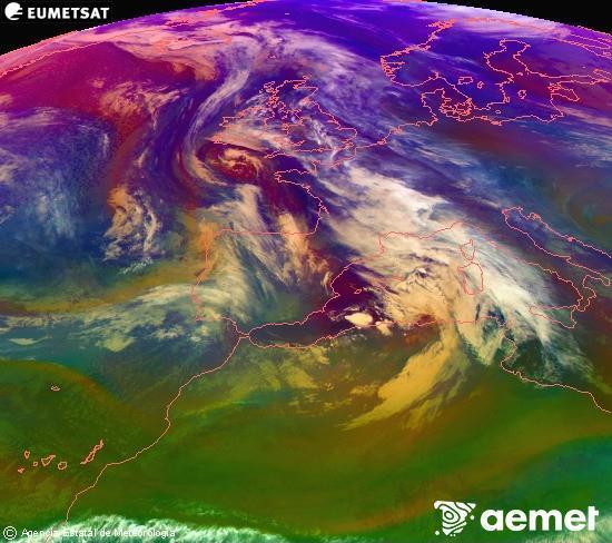 Composici� RGB en la qual es barregen diversos canals del sat�l�lit Meteosat operacional en 0�N 0�W, que ens d�na una idea de les caracter�stiques de les masses d'aire i de la nuvolositat.&nbsp;dilluns, 22 de desembre  2025 21:00