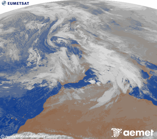 Imagen de la zona de Europa y Norte de �frica del canal infrarrojo del sat�lite Meteosat operacional en 0�N 0�W, procesada para darle color.&nbsp;dilluns, 22 de desembre  2025 21:00