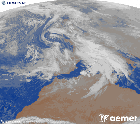 Imagen de la zona de Europa y Norte de �frica del canal infrarrojo del sat�lite Meteosat operacional en 0�N 0�W, procesada para darle color.&nbsp;dilluns, 22 de desembre  2025 22:00