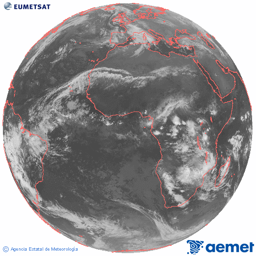 Imagen global del canal infrarrojo (10.8 &mu;m) del sat�lite Meteosat, perteneciente a la serie MSG (Meteosat Segunda Generaci�n) y situado en 0�N 0�E.&nbsp;dilluns, 22 de desembre  2025 22:00