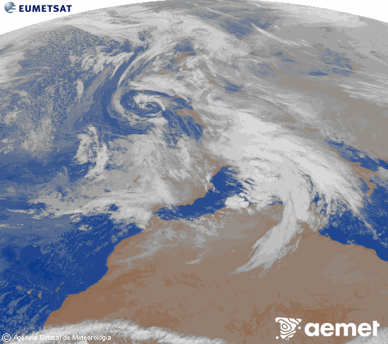 Imagen de la zona de Europa y Norte de �frica del canal infrarrojo del sat�lite Meteosat operacional en 0�N 0�W, procesada para darle color.&nbsp;dilluns, 22 de desembre  2025 23:00