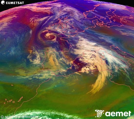 RGB-a Meteosat eragiketa-sateliteko hainbat kanal 0�W-a 0�N-ean, aire-masen eta hodeitzaren ezaugarrien erakusgarri izango dena.&nbsp;asteartea, 2025ko abenduak 23, ordua: 01:00