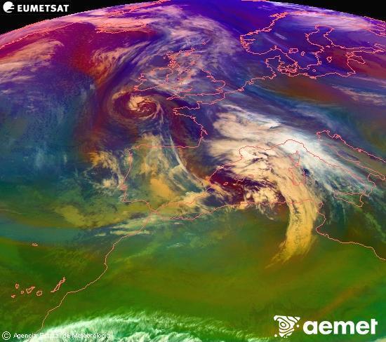 RGB-a Meteosat eragiketa-sateliteko hainbat kanal 0�W-a 0�N-ean, aire-masen eta hodeitzaren ezaugarrien erakusgarri izango dena.&nbsp;asteartea, 2025ko abenduak 23, ordua: 03:00