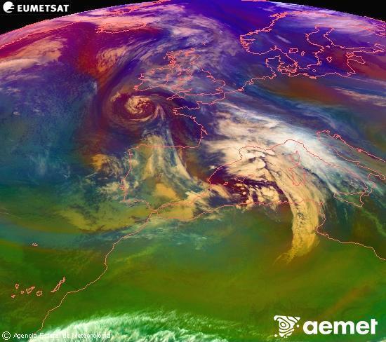 RGB-a Meteosat eragiketa-sateliteko hainbat kanal 0�W-a 0�N-ean, aire-masen eta hodeitzaren ezaugarrien erakusgarri izango dena.&nbsp;asteartea, 2025ko abenduak 23, ordua: 04:00