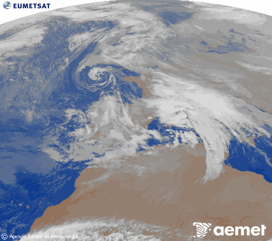 Imagen de la zona de Europa y Norte de �frica del canal infrarrojo del sat�lite Meteosat operacional en 0�N 0�W, procesada para darle color.&nbsp;dimarts, 23 de desembre  2025 04:00
