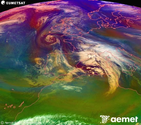 RGB-a Meteosat eragiketa-sateliteko hainbat kanal 0�W-a 0�N-ean, aire-masen eta hodeitzaren ezaugarrien erakusgarri izango dena.&nbsp;asteartea, 2025ko abenduak 23, ordua: 05:00