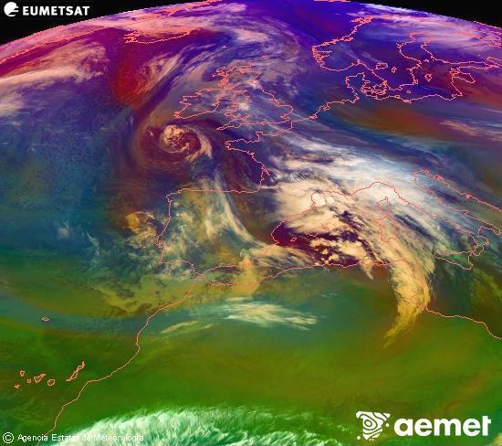Composici� RGB en la qual es barregen diversos canals del sat�l�lit Meteosat operacional en 0�N 0�W, que ens d�na una idea de les caracter�stiques de les masses d'aire i de la nuvolositat.&nbsp;dimarts, 23 de desembre  2025 06:00