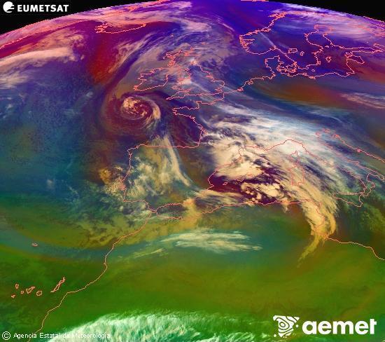 Composici� RGB en la qual es barregen diversos canals del sat�l�lit Meteosat operacional en 0�N 0�W, que ens d�na una idea de les caracter�stiques de les masses d'aire i de la nuvolositat.&nbsp;dimarts, 23 de desembre  2025 07:00
