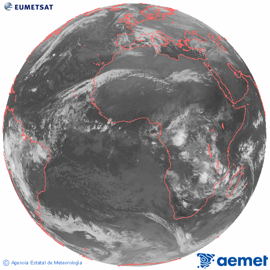Imagen global del canal infrarrojo (10.8 &mu;m) del sat�lite Meteosat, perteneciente a la serie MSG (Meteosat Segunda Generaci�n) y situado en 0�N 0�E.&nbsp;dimarts, 23 de desembre  2025 07:00