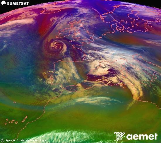 Composici� RGB en la qual es barregen diversos canals del sat�l�lit Meteosat operacional en 0�N 0�W, que ens d�na una idea de les caracter�stiques de les masses d'aire i de la nuvolositat.&nbsp;dimarts, 23 de desembre  2025 08:00