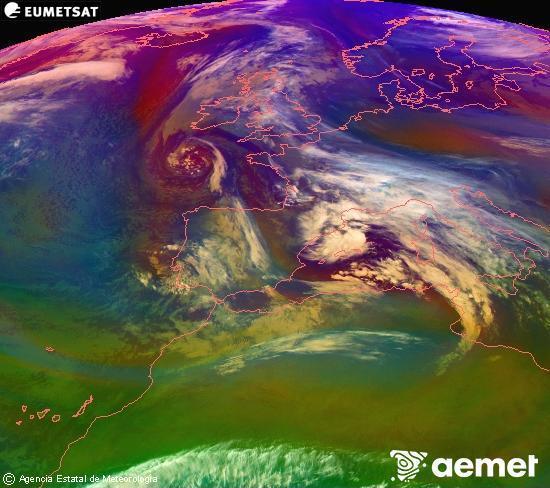 Composici� RGB en la qual es barregen diversos canals del sat�l�lit Meteosat operacional en 0�N 0�W, que ens d�na una idea de les caracter�stiques de les masses d'aire i de la nuvolositat.&nbsp;dimarts, 23 de desembre  2025 09:00
