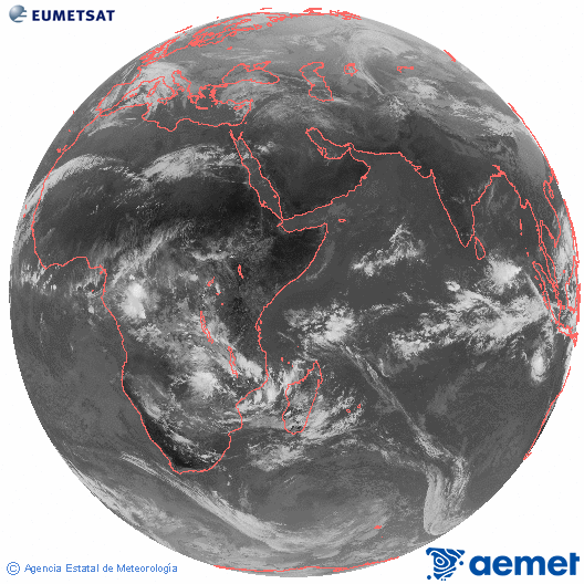 Oc�ano �ndico. Imaxe global da canle infravermella (10.8&mu;m) de Meteosat, pertencente � serie MSX (Meteosat Segunda Xeraci�n) e situado en 41.5°E.&nbsp;martes, 23 decembro  2025 10:00