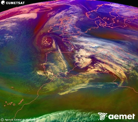Composici� RGB en la qual es barregen diversos canals del sat�l�lit Meteosat operacional en 0�N 0�W, que ens d�na una idea de les caracter�stiques de les masses d'aire i de la nuvolositat.&nbsp;dimarts, 23 de desembre  2025 11:00