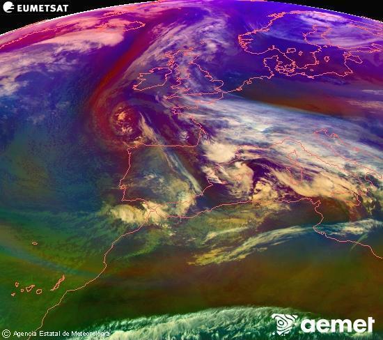 Composici� RGB en la qual es barregen diversos canals del sat�l�lit Meteosat operacional en 0�N 0�W, que ens d�na una idea de les caracter�stiques de les masses d'aire i de la nuvolositat.&nbsp;dimarts, 23 de desembre  2025 14:00