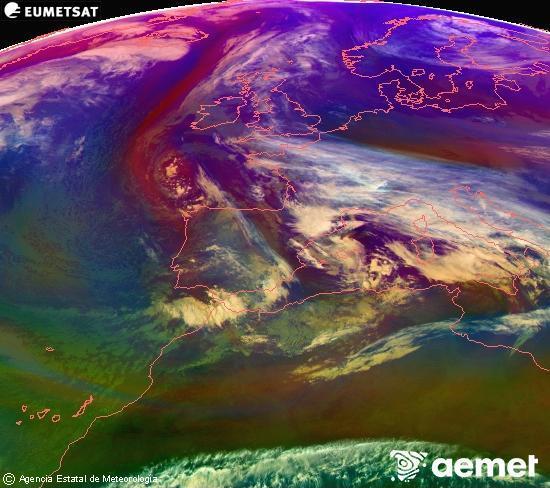 Composici� RGB en la qual es barregen diversos canals del sat�l�lit Meteosat operacional en 0�N 0�W, que ens d�na una idea de les caracter�stiques de les masses d'aire i de la nuvolositat.&nbsp;dimarts, 23 de desembre  2025 15:00