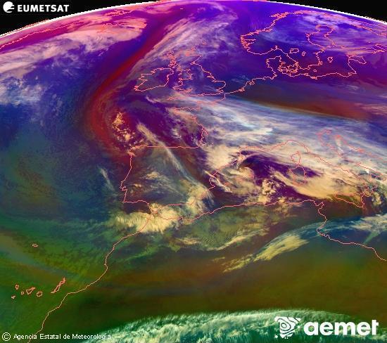 Composici� RGB en la qual es barregen diversos canals del sat�l�lit Meteosat operacional en 0�N 0�W, que ens d�na una idea de les caracter�stiques de les masses d'aire i de la nuvolositat.&nbsp;dimarts, 23 de desembre  2025 16:00