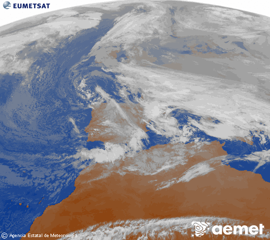 Imagen de la zona de Europa y Norte de �frica del canal infrarrojo del sat�lite Meteosat operacional en 0�N 0�W, procesada para darle color.&nbsp;Tuesday, 23 December  2025 16:00