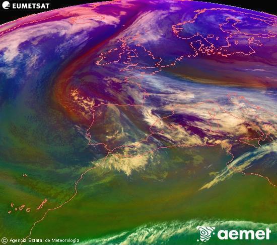 Composici� RGB en la qual es barregen diversos canals del sat�l�lit Meteosat operacional en 0�N 0�W, que ens d�na una idea de les caracter�stiques de les masses d'aire i de la nuvolositat.&nbsp;dimarts, 23 de desembre  2025 20:00