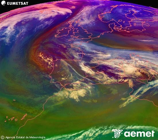 Composici� RGB en la qual es barregen diversos canals del sat�l�lit Meteosat operacional en 0�N 0�W, que ens d�na una idea de les caracter�stiques de les masses d'aire i de la nuvolositat.&nbsp;dimarts, 23 de desembre  2025 21:00