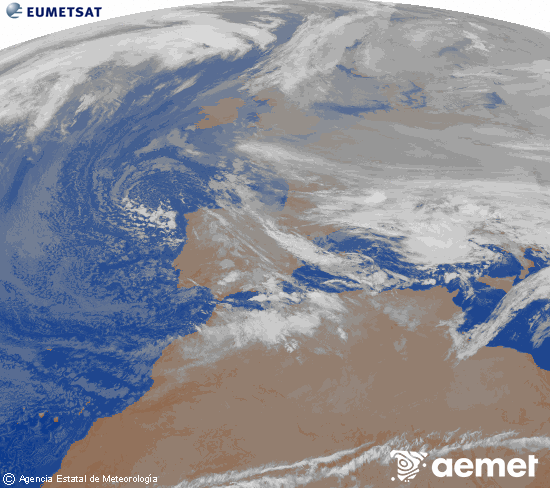 Imagen de la zona de Europa y Norte de �frica del canal infrarrojo del sat�lite Meteosat operacional en 0�N 0�W, procesada para darle color.&nbsp;Tuesday, 23 December  2025 23:00