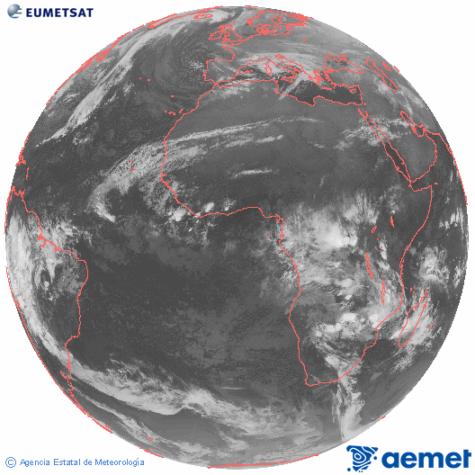 Imagen global del canal infrarrojo (10.8 &mu;m) del sat�lite Meteosat, perteneciente a la serie MSG (Meteosat Segunda Generaci�n) y situado en 0�N 0�E.&nbsp;dimecres, 24 de desembre  2025 01:00