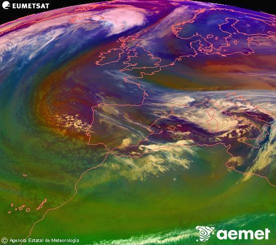 Composici� RGB en la qual es barregen diversos canals del sat�l�lit Meteosat operacional en 0�N 0�W, que ens d�na una idea de les caracter�stiques de les masses d'aire i de la nuvolositat.&nbsp;dimecres, 24 de desembre  2025 03:00