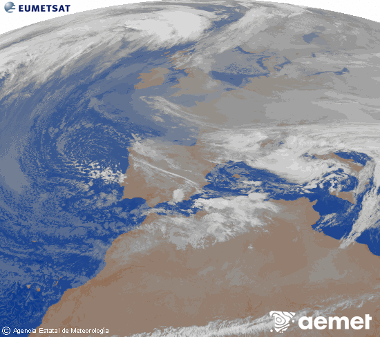 Imagen de la zona de Europa y Norte de �frica del canal infrarrojo del sat�lite Meteosat operacional en 0�N 0�W, procesada para darle color.&nbsp;Wednesday, 24 December  2025 04:00