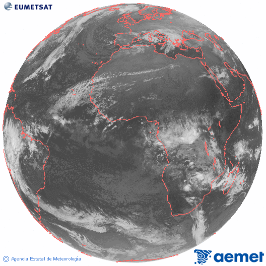 Imagen global del canal infrarrojo (10.8 &mu;m) del sat�lite Meteosat, perteneciente a la serie MSG (Meteosat Segunda Generaci�n) y situado en 0�N 0�E.&nbsp;dimecres, 24 de desembre  2025 07:00